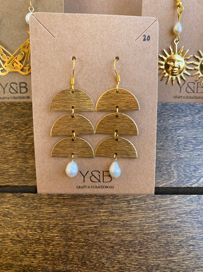 Brass Semi-Circle with Pearl Earrings