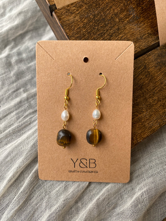 Tiger Eye Pearl Drop Earrings
