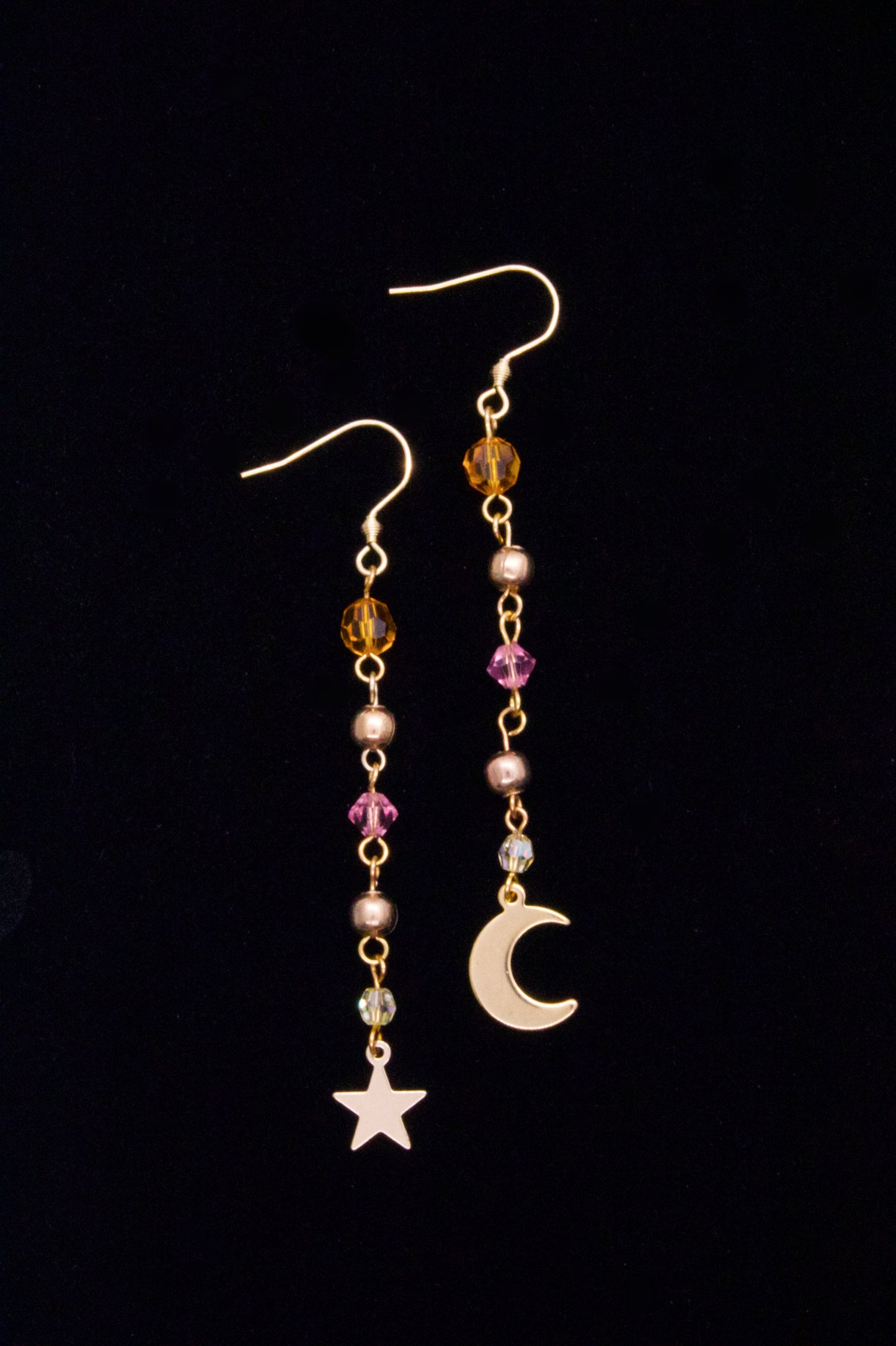 Asymmetrical Moon and Star Gem Earrings