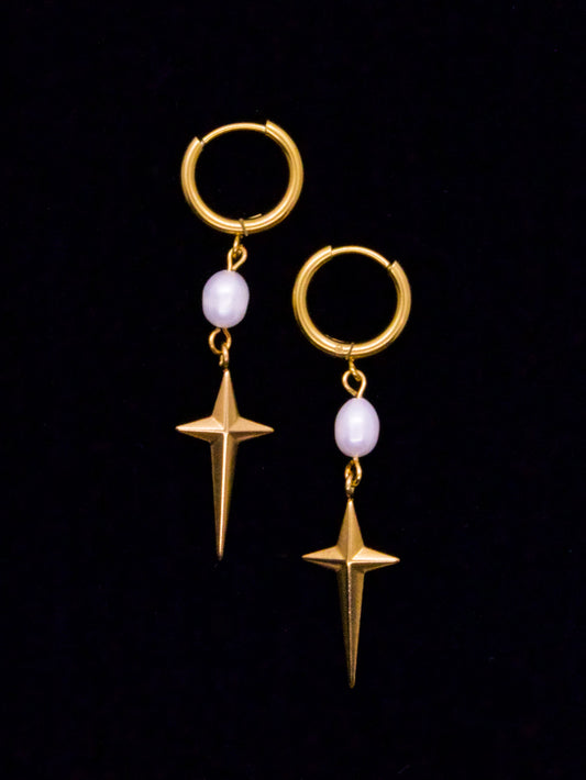 Gold Star Cross With Pearl Earrings